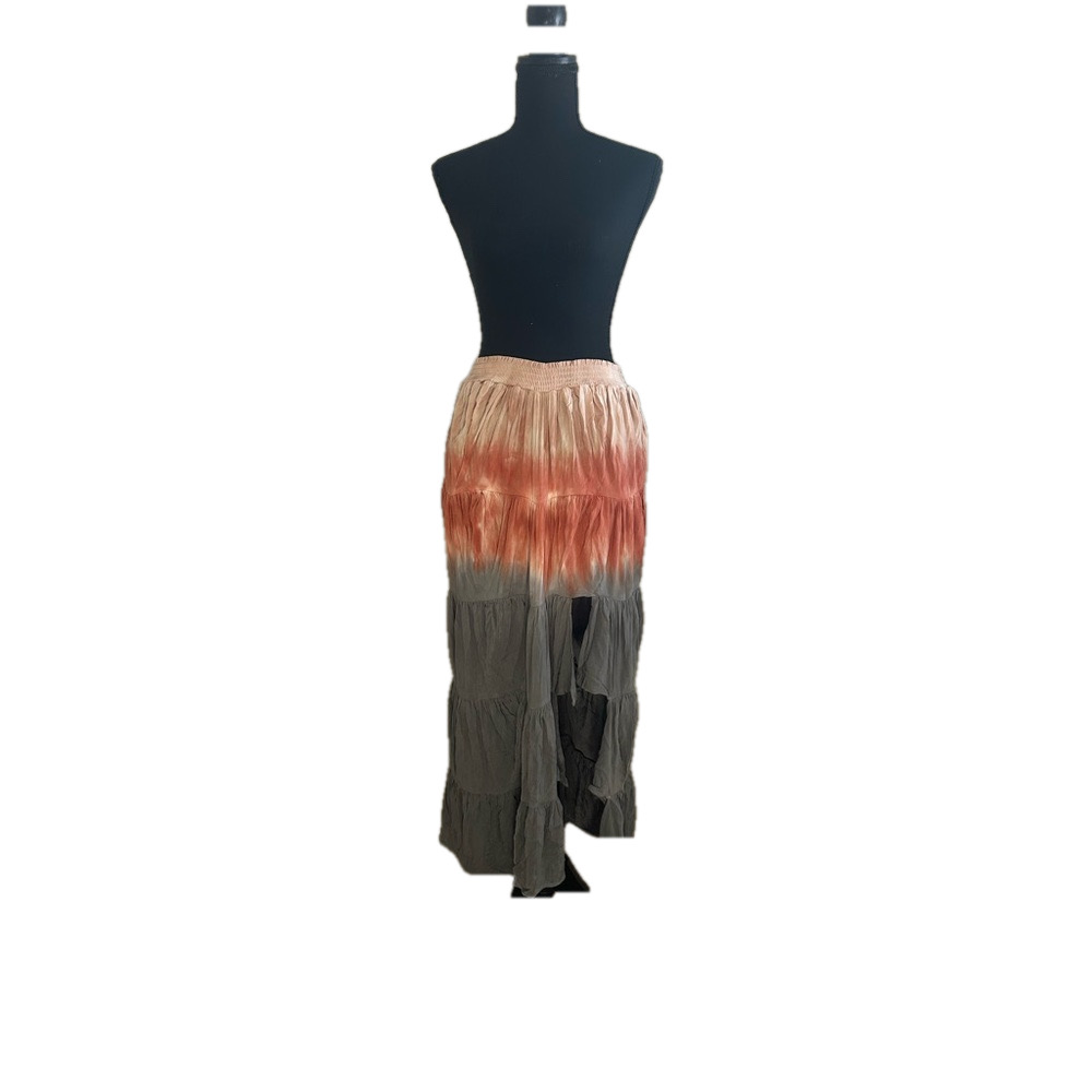 Chaser Peach, Orange, and Grey Tye-Dyed Midi Skirt with Elastic waistband